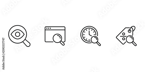 Konstfotografi Search icon set with magnifying glass browser clock and discount tag minimal line art vector illustration