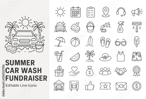Comprehensive editable line icons for summer car wash fundraisers. Includes washing tools, summer items, and fundraising symbols, perfect for web and print designs.