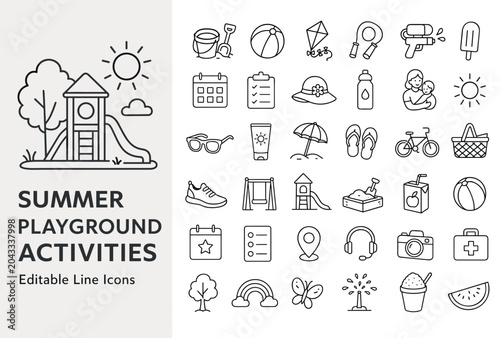 A comprehensive set of editable line icons depicting various summer playground activities and outdoor fun. Ideal for web, apps, and children-related designs. Clean vector.