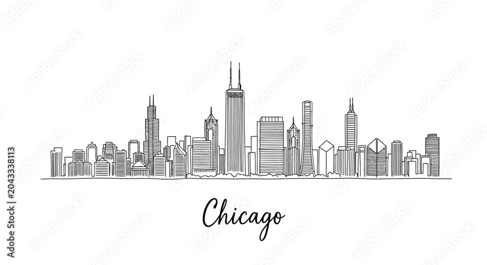 Naklejka premium Minimalist black-and-white sketch capturing the iconic Chicago skyline with detailed skyscrapers and cityscape elements within a