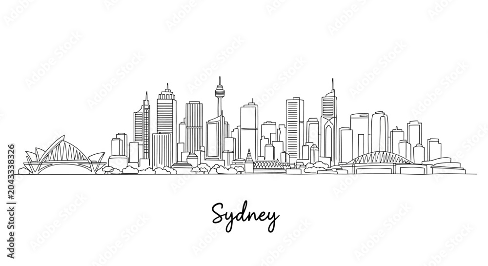 Obraz premium Minimalist Line Art Illustration of Sydney Skyline Featuring Iconic Landmarks and Urban Details