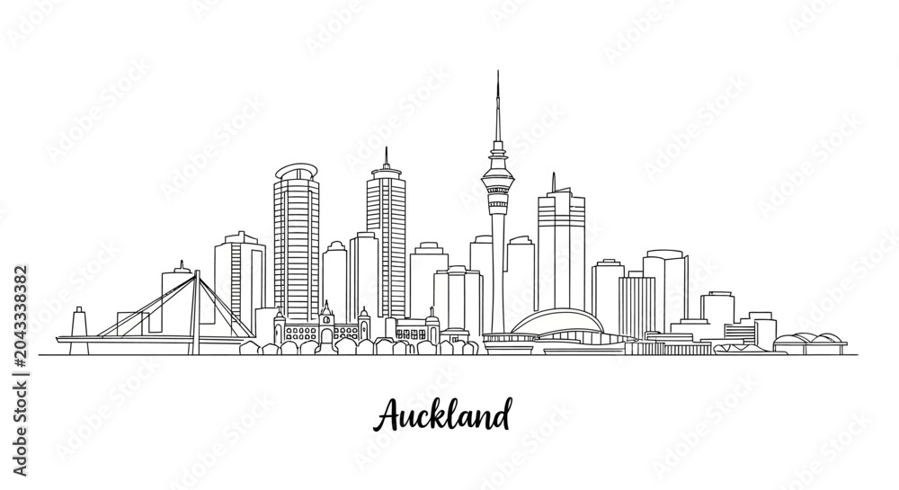 Fototapeta premium Elegant minimalist black-and-white line drawing of Auckland's diverse skyline showcasing modern skyscrapers and iconic landmarks