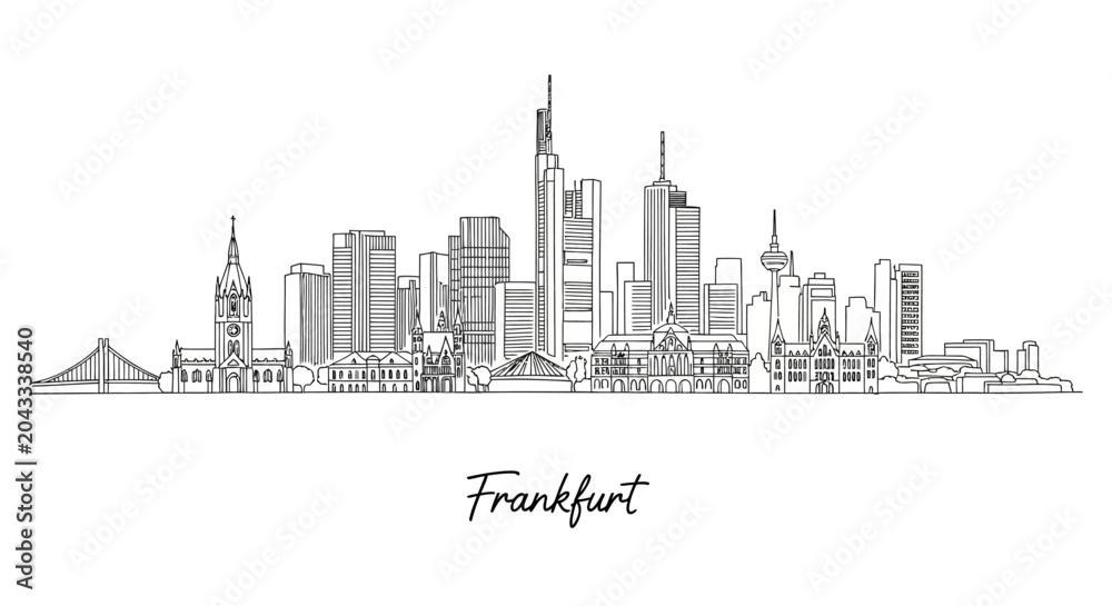 Obraz premium Minimalist Line Drawing of Frankfurt City Skyline with Iconic Skyscrapers and Landmarks
