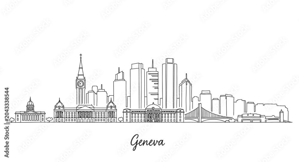 Fototapeta premium Stylized minimalist black and white line drawing of Geneva city skyline showcasing historic landmarks and modern skyscrapers