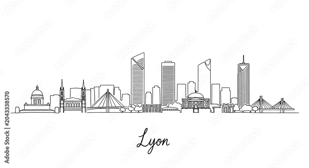 Fototapeta premium Minimalist Line Art Illustration of the Lyon City Skyline Featuring Prominent Architectural Landmarks and Urban Elements for