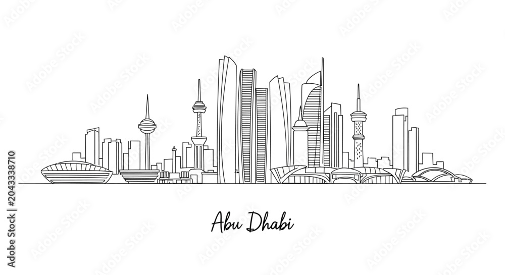 Fototapeta premium Minimalistic Line Art Illustration of Abu Dhabi Skyline Featuring Modern Skyscrapers and Iconic Architecture