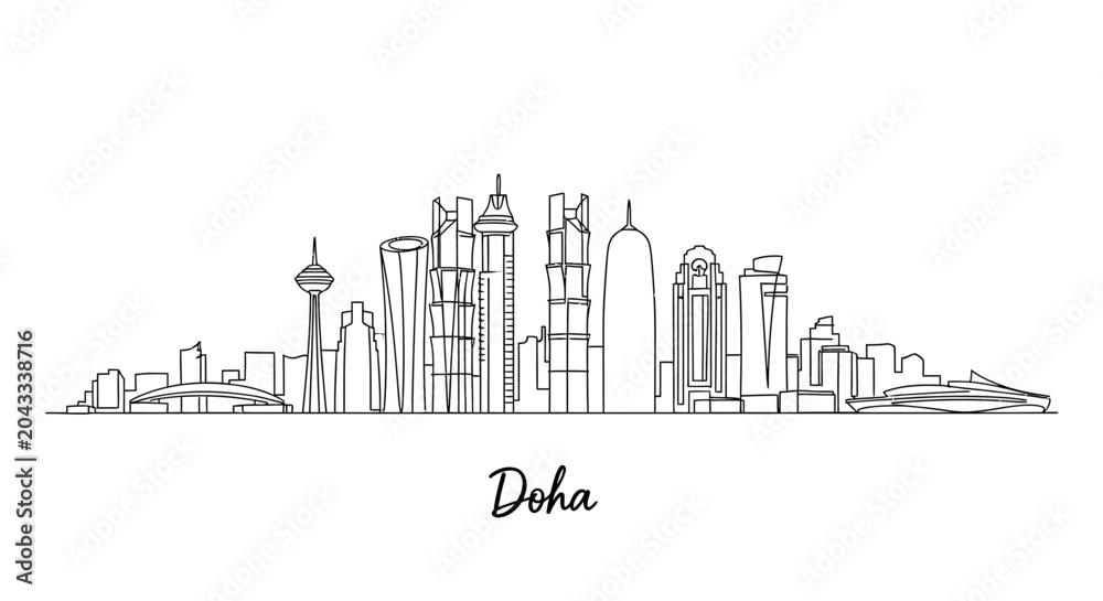 Fototapeta premium Minimalist skyline sketch of Doha featuring iconic skyscrapers and city landmarks with elegant simplicity