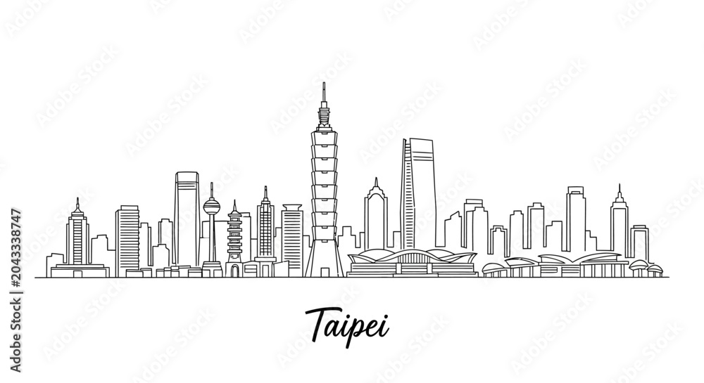 Naklejka premium Minimalist Line Art Illustration of Taipei Skyline Featuring Iconic Skyscrapers and Landmarks Displayed in a Clean and Simple