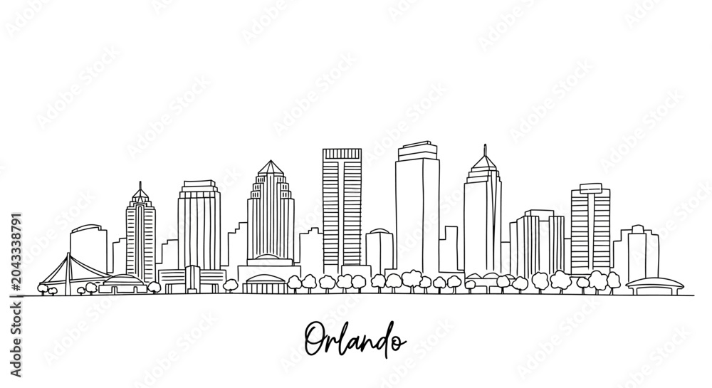 Obraz premium Minimalist Line Drawing of Orlando City Skyline Featuring Iconic Buildings and Landscape
