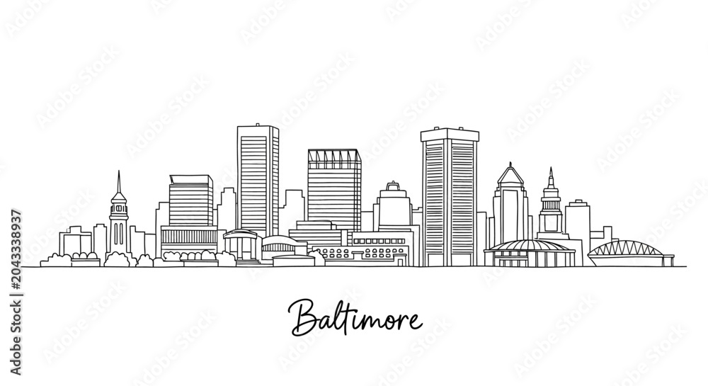 Fototapeta premium Minimalist Black and White Line Drawing of Baltimore's City Skyline Showcasing Iconic Buildings and Urban Landscape