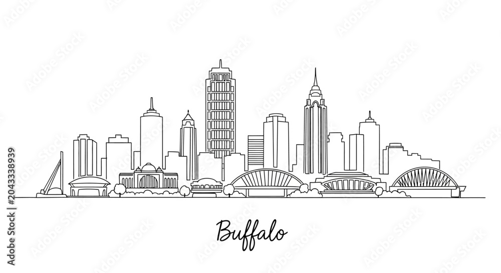 Obraz premium Minimalist Line Art Illustration of Buffalo's Skyline Featuring Iconic Buildings and Urban Landscape with Expressive Cityscape