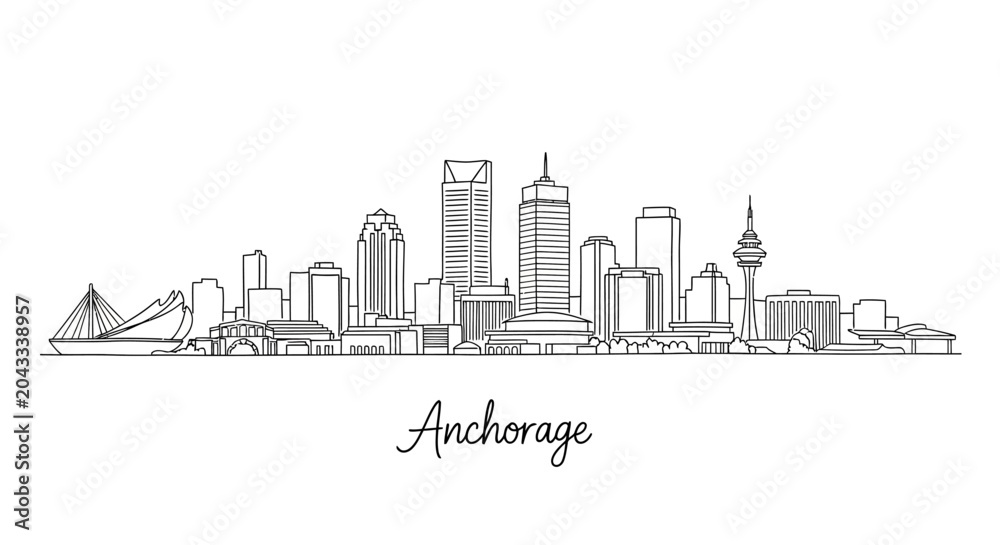 Obraz premium Minimalist Line Drawing of Anchorage Skyline Featuring Iconic Downtown Architecture and Coastal Landmarks
