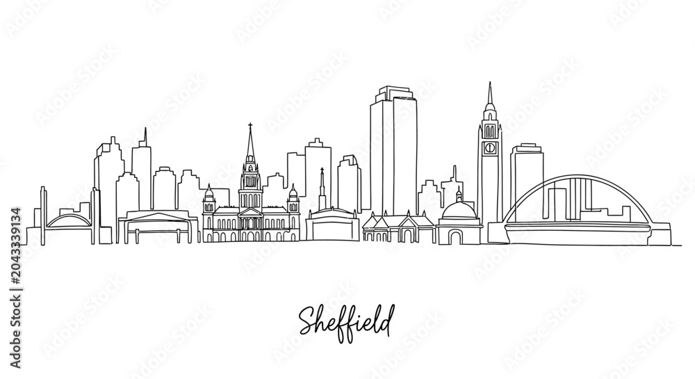 Fototapeta premium Minimalist Line Art Illustration of Sheffield Skyline with Urban Landmarks and Structures