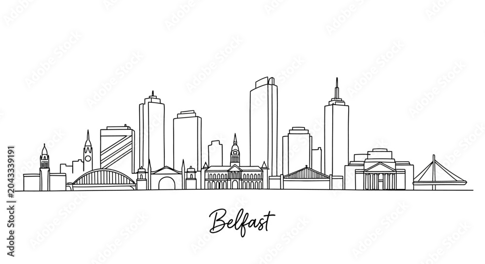 Fototapeta premium Minimalistic Black and White Line Illustration Depicting Belfast City Skyline Featuring Iconic Landmarks and Urban Structures