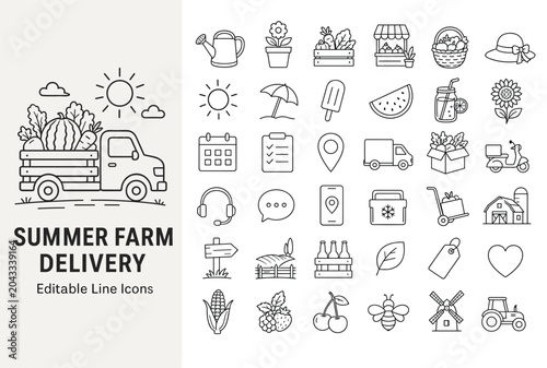 A comprehensive vector icon set for summer farm delivery. Includes agriculture, fresh produce, and logistics symbols for web, apps, and branding.