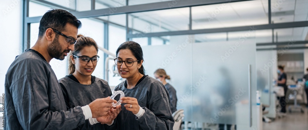 Obraz premium Dentists examining clear dental aligner in modern orthodontics clinic as a diverse team of male and female dental professionals in scrubs discuss advanced treatment technology and healthcare options.