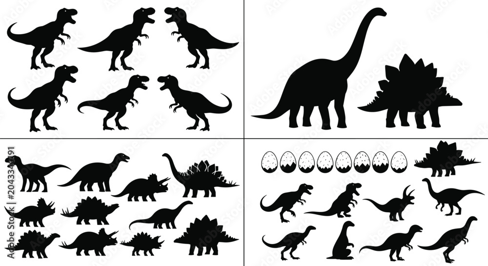 Obraz premium Collection of Dinosaur Silhouettes Featuring T‑Rex, Stegosaurus, Triceratops, Sauropods, and Eggs for Prehistoric Design Projects