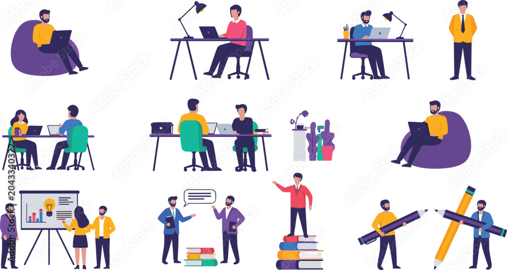 Fototapeta premium Modern Office and Remote Work Vector Illustrations Showing People Collaborating, Studying, and Working on Laptops and Projects