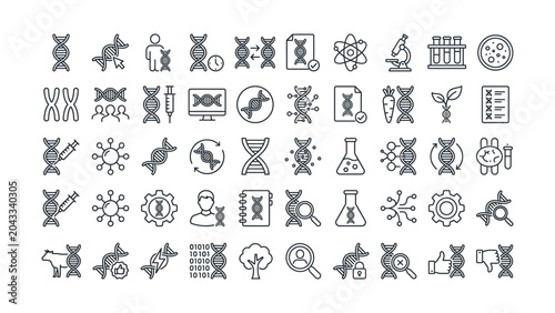 Foto Genetic engineering and biotechnology icons set including DNA sequences and labo