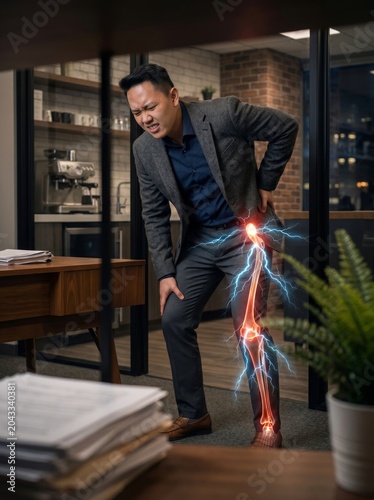 Businessman suffering from sharp leg pain and injury in modern office workspace