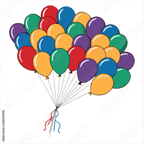 Big bunch of colorful balloons vector illustration isolated on white background.Birthday party balloons bunch with strings cartoon graphic element.