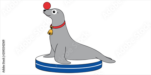 Bild auf Leinwand Circus sea lion balancing red ball on nose vector illustration isolated on white background