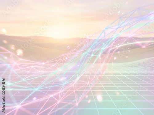 Soft Pastel Digital Landscape with Flowing Light Lines and Grid Horizon