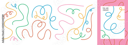Set of abstract playful wavy line. Banner with organic curvy curly stripe shape in retro flat style. Wave line art for banner, flier