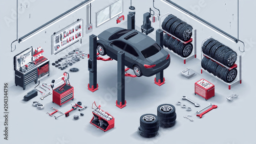 Automotive Service Garage with Car Lift and Equipment.