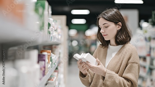 Woman reading product label in modern supermarket aisle