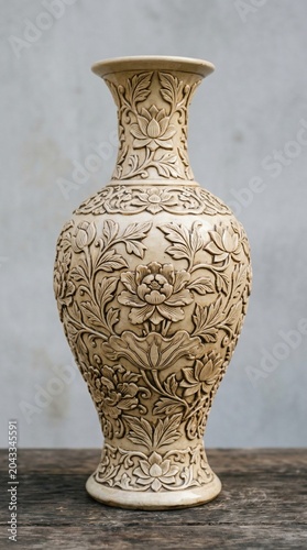 Intricately designed ceramic vase with floral pattern on wooden surface