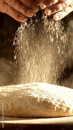 Chef sprinkling white flour over fresh bread dough.