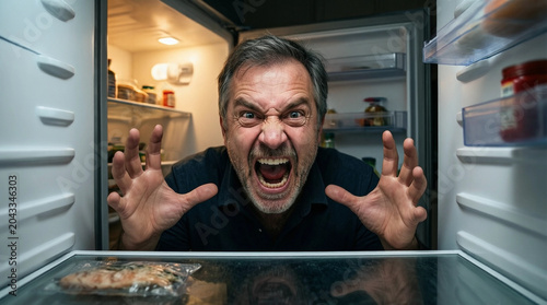 Man screaming angrily inside an open refrigerator, expressing frustration over empty food storage