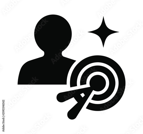 Target audience icon featuring a person silhouette and a target symbol with a spark, representing marketing goals and customer focus.