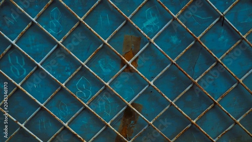 Close-up of a vintage blue stained glass window with a rusty metal grid pattern