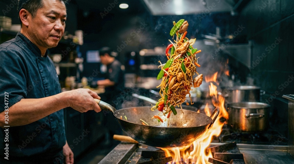 Fototapeta premium Professional Asian chef expertly stirfrying food in a flaming wok.