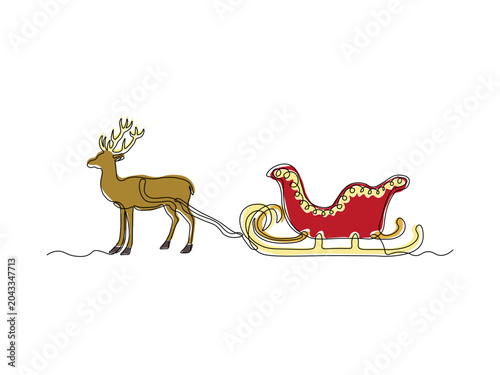 Abstract Santa Claus Sleigh and deer.continuous single line art hand drawing sketch, logo on white background