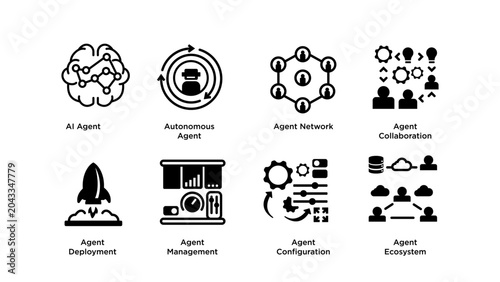 AI Agent Core Icon Pack Collection – Autonomous Agent, Agent Network, Collaboration and AI Framework Vector Icons
