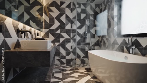 Modern Bathroom Interior with Geometric Tiles and Bathtub