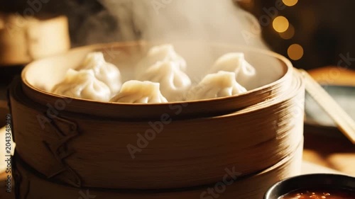 Steaming Dumplings in a Bamboo Steamer Basket