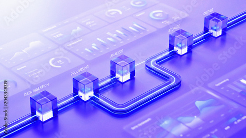 3D Isometric Data Pipeline with Glass Cubes and Analytics Dashboard Background for Technology Cloud Computing and Business Intelligence Design