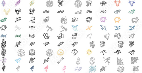 Animals and Wildlife 1 Vector Icon Set: A massive collection of 90 high-quality minimalist flat vector icons featuring cows, caterpillars, mosquitoes, pandas, frogs, and fluffy sheep graphics.