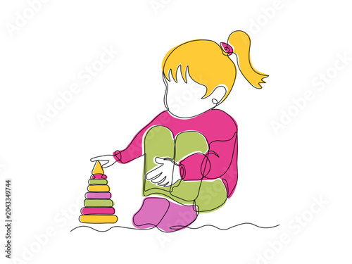 A child, a small girl without a face, sits on the floor and plays with a toy pyramid, continuous single line art hand drawing sketch, logo on white background
