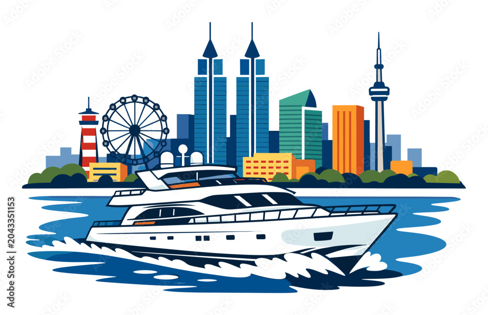 Naklejka premium Yacht moving fast on water with the Toronto city skyline and landmarks in the background. Travel, vacation, and luxury concept