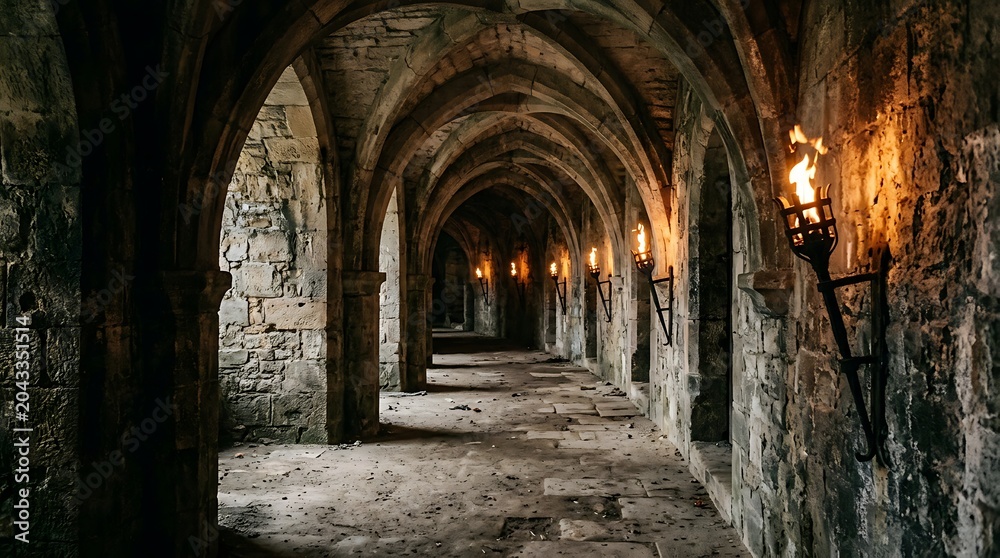 Obraz premium Ancient stone corridor in a medieval castle with lit wall torches