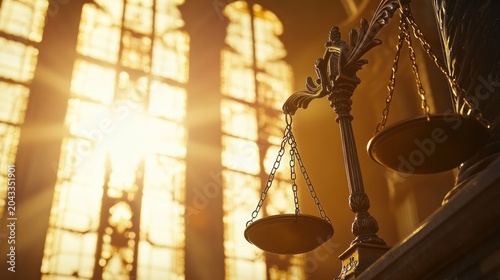 Ornate scales of justice in a sunlit cathedral