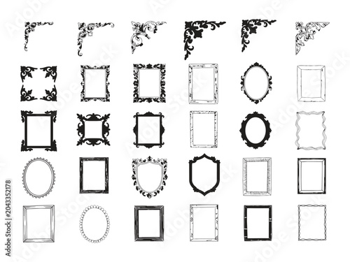 An extensive set of black line and solid icons depicting various picture frames and decorative borders