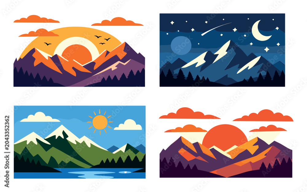 Naklejka premium Four distinct mountain scenes showing changing light conditions, including dawn, day, sunset, and nighttime