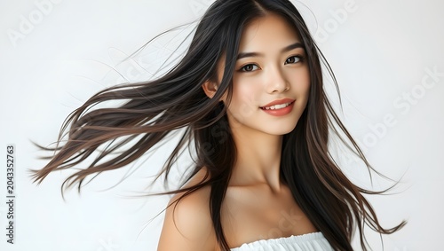 Young brunette woman with long flying hair, studio beauty portrait, close-up smiling face, windblown glamour shot