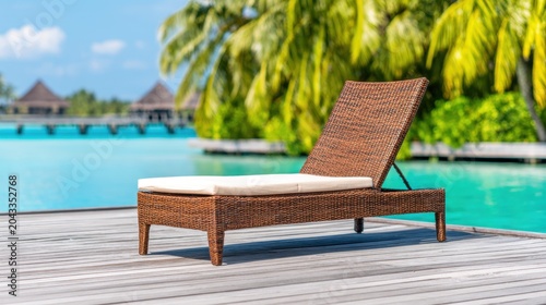A sun lounger by a tranquil turquoise pool surrounded by lush greenery and wooden walkways